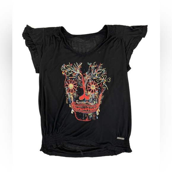 John Galliano Tops - VNTG John Galliano Skull Embroidered Black Smocked Bottom Grunge goth Top ZS M